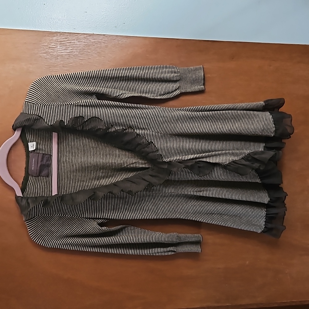 Anthropologie Guinevere Olive Green Striped Ruffle Cardigan Sweater sz XS